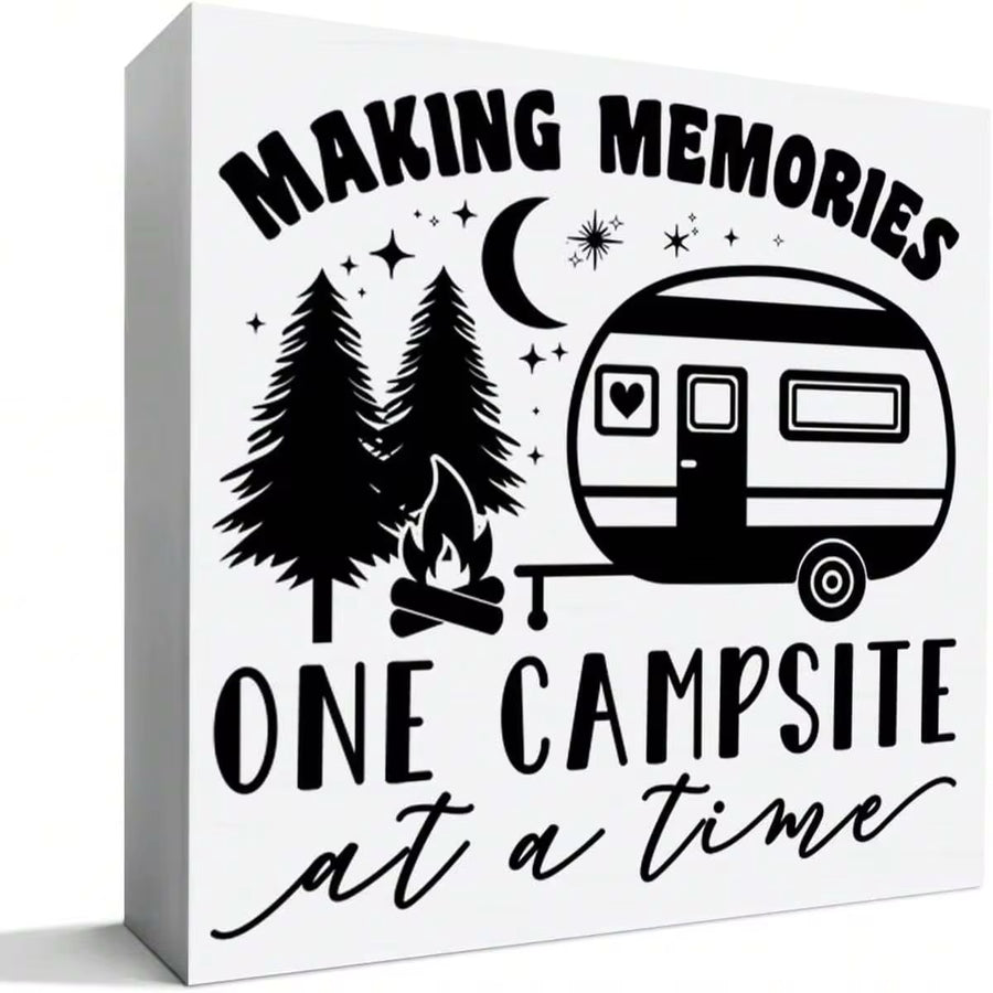 1pc 5*5inch(12.4*12.4cm) Camping Desk Decorations Wooden Sign, Camp Decor For Home Cabin RV Camper, Camper Gifts For Women Men Camp Lover, Making Memories One Campsite At A Time